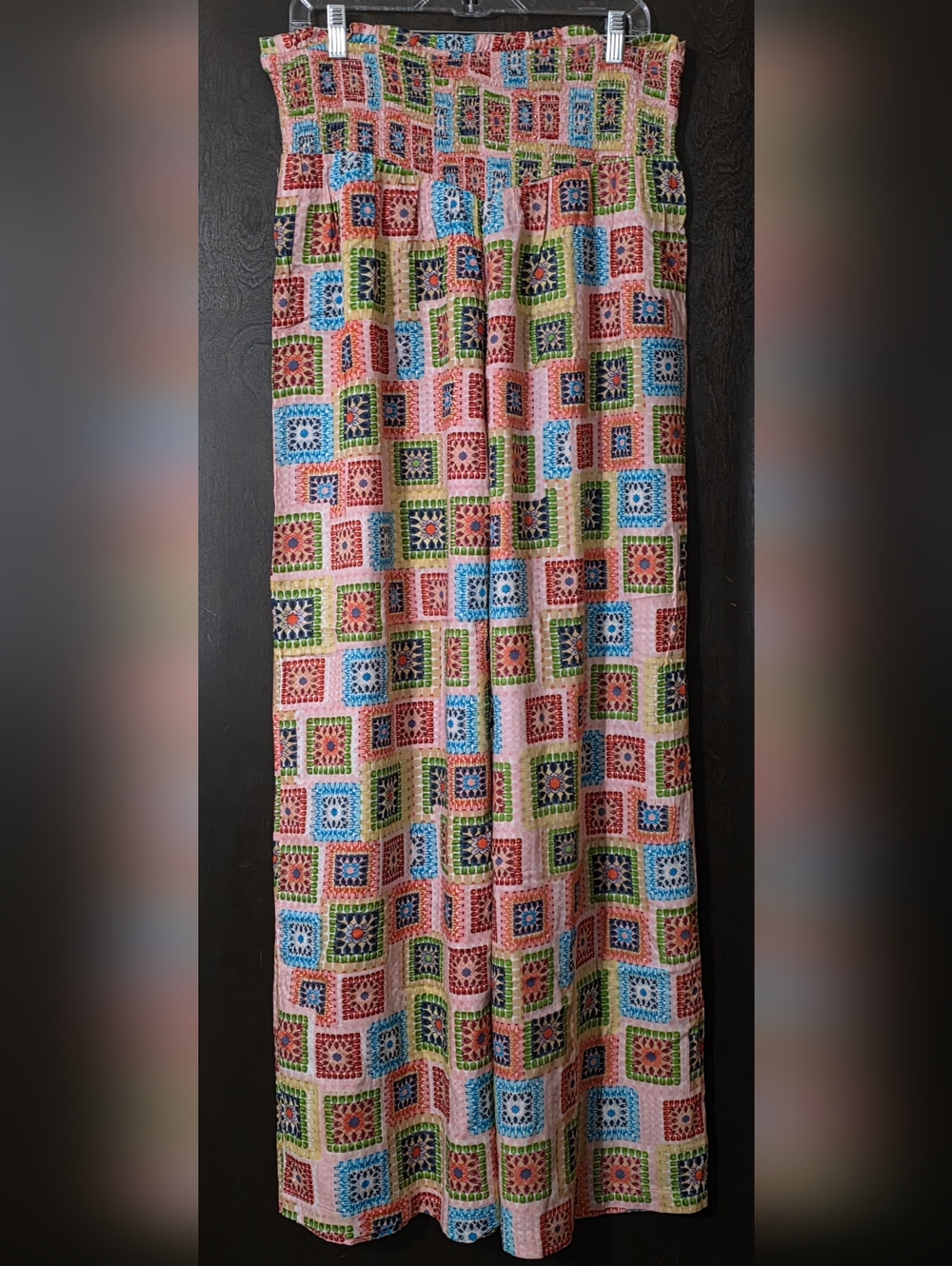 Toxik3 Multicolored Crochet Block Pattern Wide Leg Smocked Waist Size XL +